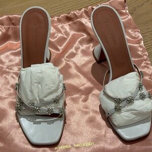Amina Muaddi White Embellished Heels